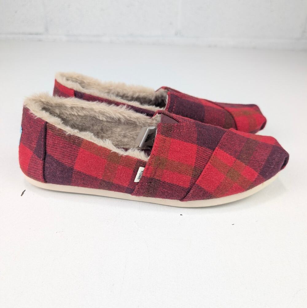 Toms Women's 10 Alpargata Faux Fur Lined Flat Shoes - Red Cozy Plaid